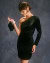 The Black One Shoulder Lurex Velvet Mini Dress - Threadford