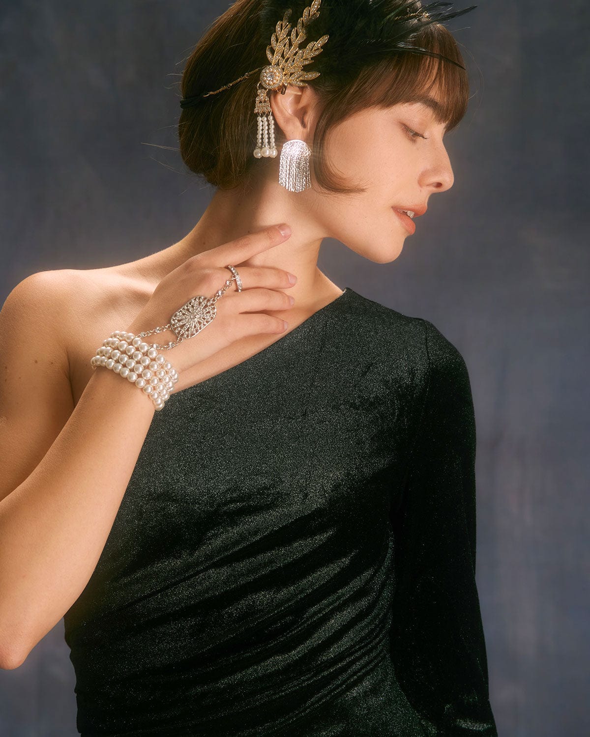 The Black One Shoulder Lurex Velvet Mini Dress - Threadford