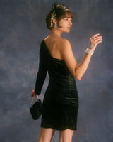 The Black One Shoulder Lurex Velvet Mini Dress - Threadford