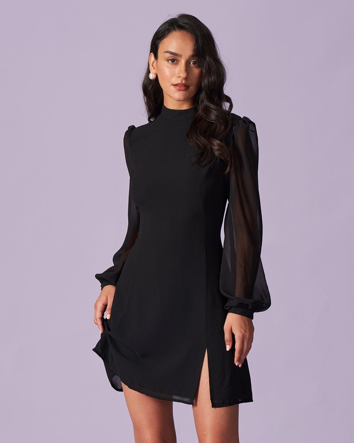 The Black Stand Collar Sheer Slit Mini Dress - Threadford