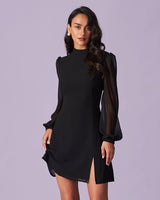 The Black Stand Collar Sheer Slit Mini Dress - Threadford