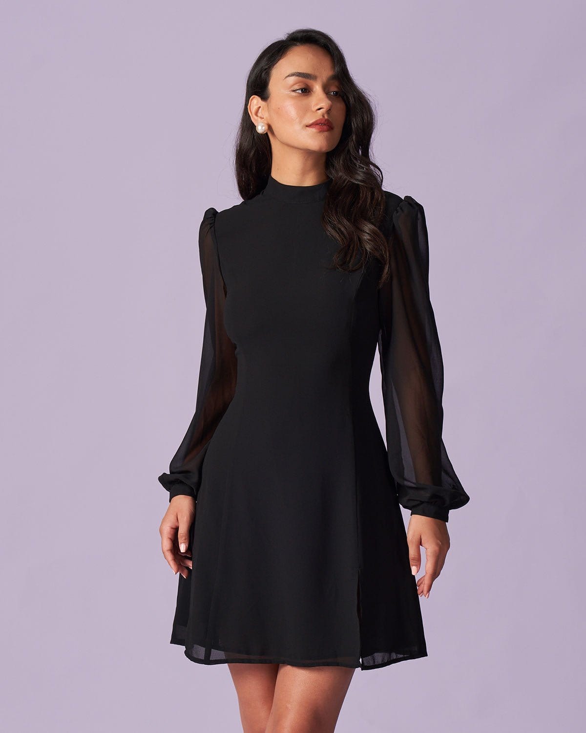 The Black Stand Collar Sheer Slit Mini Dress - Threadford