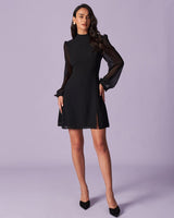 The Black Stand Collar Sheer Slit Mini Dress - Threadford