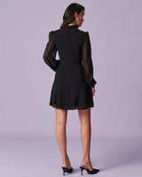 The Black Stand Collar Sheer Slit Mini Dress - Threadford