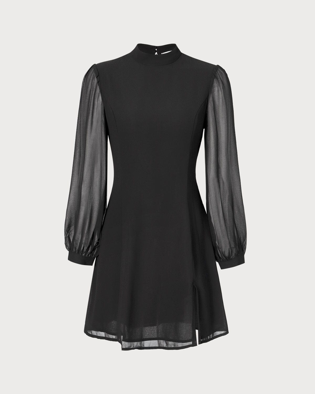 The Black Stand Collar Sheer Slit Mini Dress - Threadford