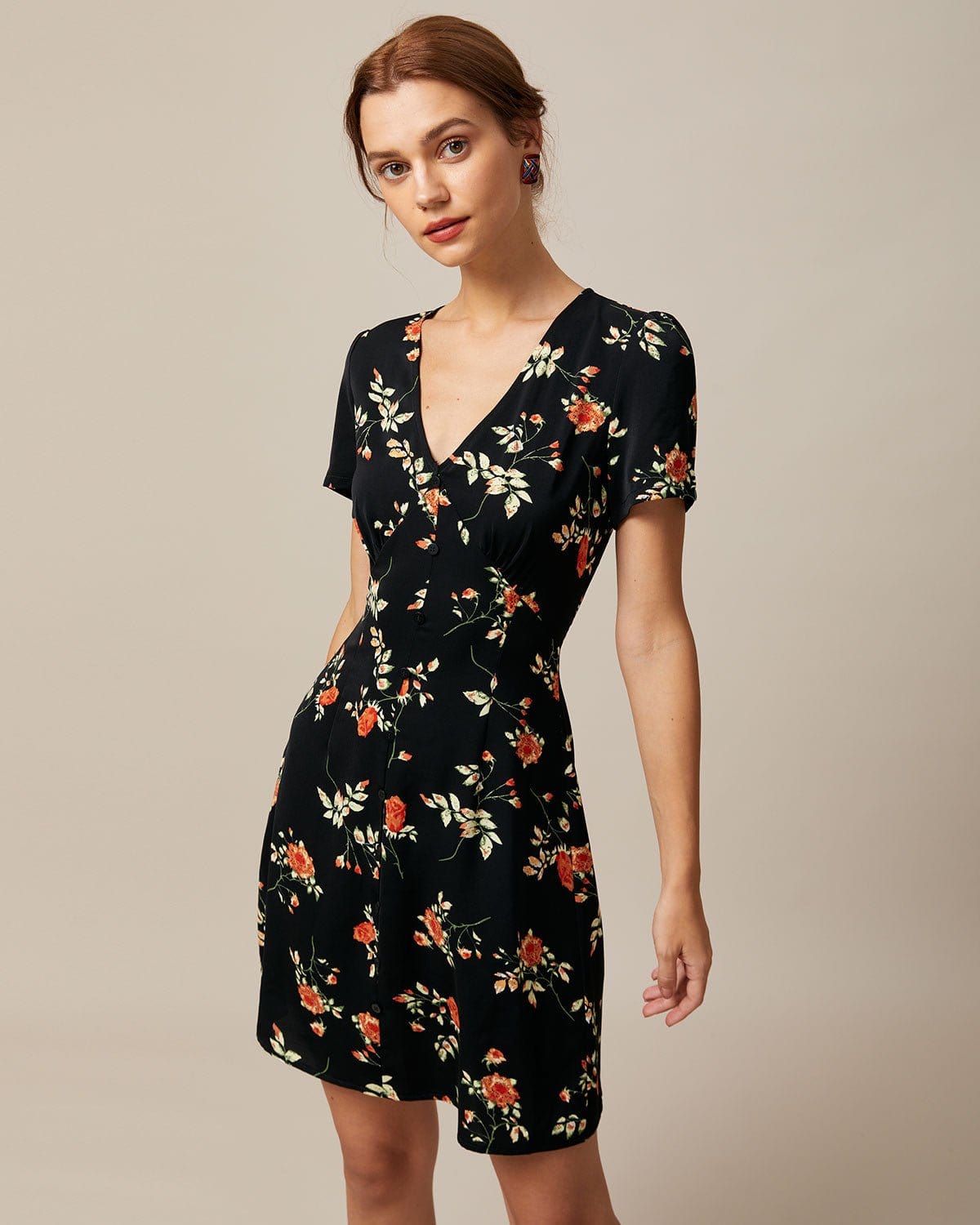 The Black V Neck Floral Button Up Mini Dress - Threadford