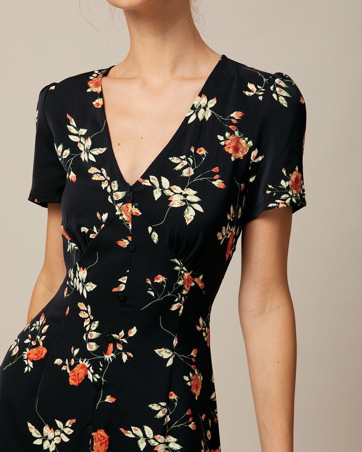 The Black V Neck Floral Button Up Mini Dress - Threadford