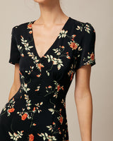The Black V Neck Floral Button Up Mini Dress - Threadford