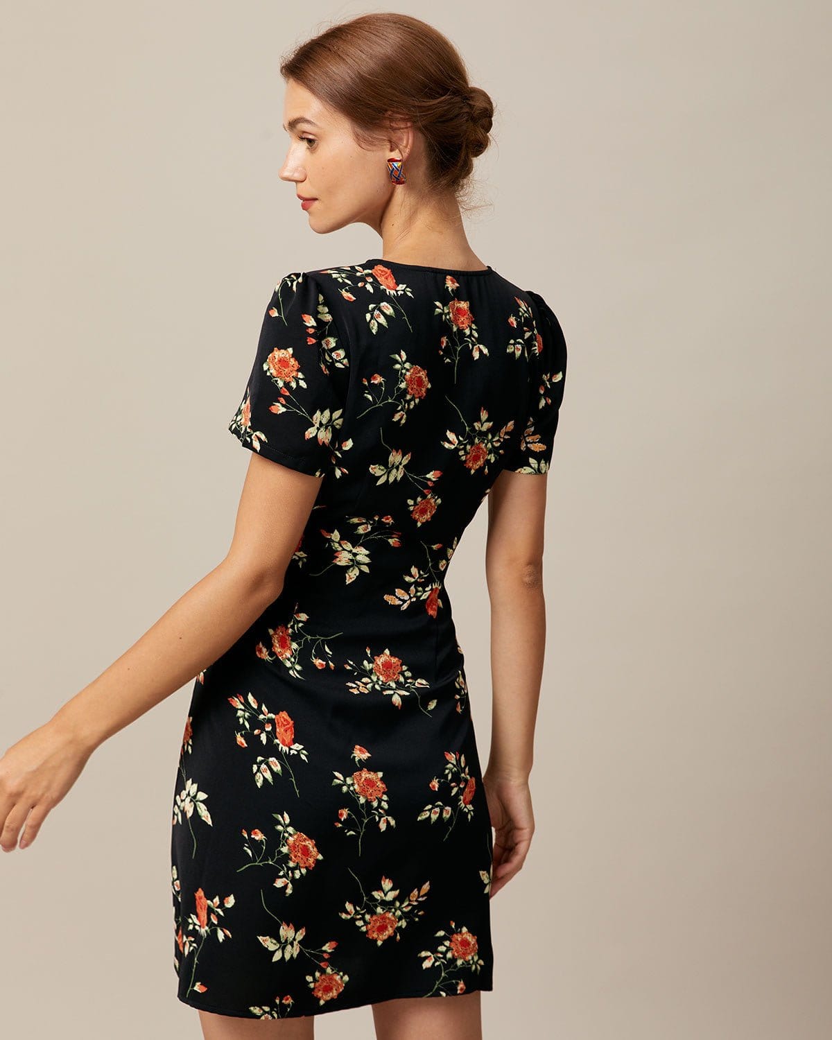 The Black V Neck Floral Button Up Mini Dress - Threadford