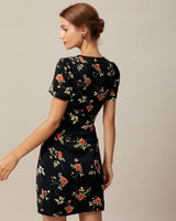 The Black V Neck Floral Button Up Mini Dress - Threadford