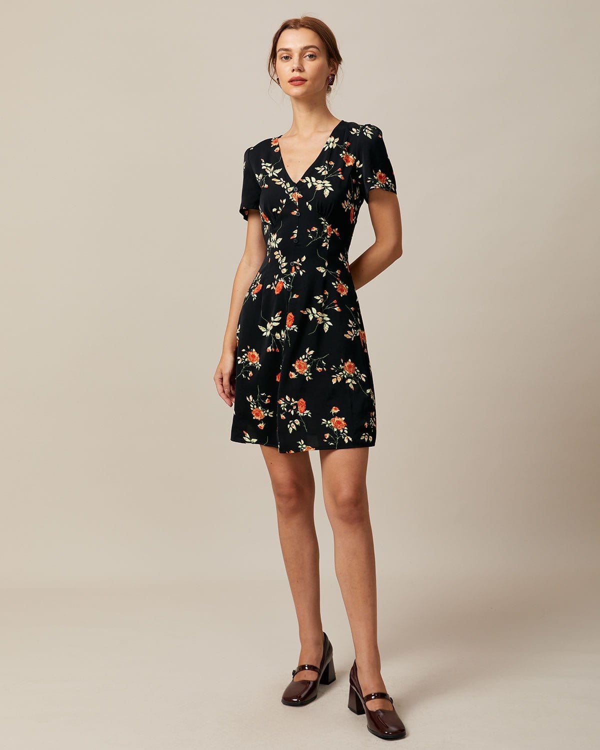 The Black V Neck Floral Button Up Mini Dress - Threadford