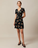 The Black V Neck Floral Button Up Mini Dress - Threadford