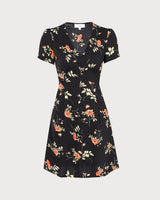 The Black V Neck Floral Button Up Mini Dress - Threadford