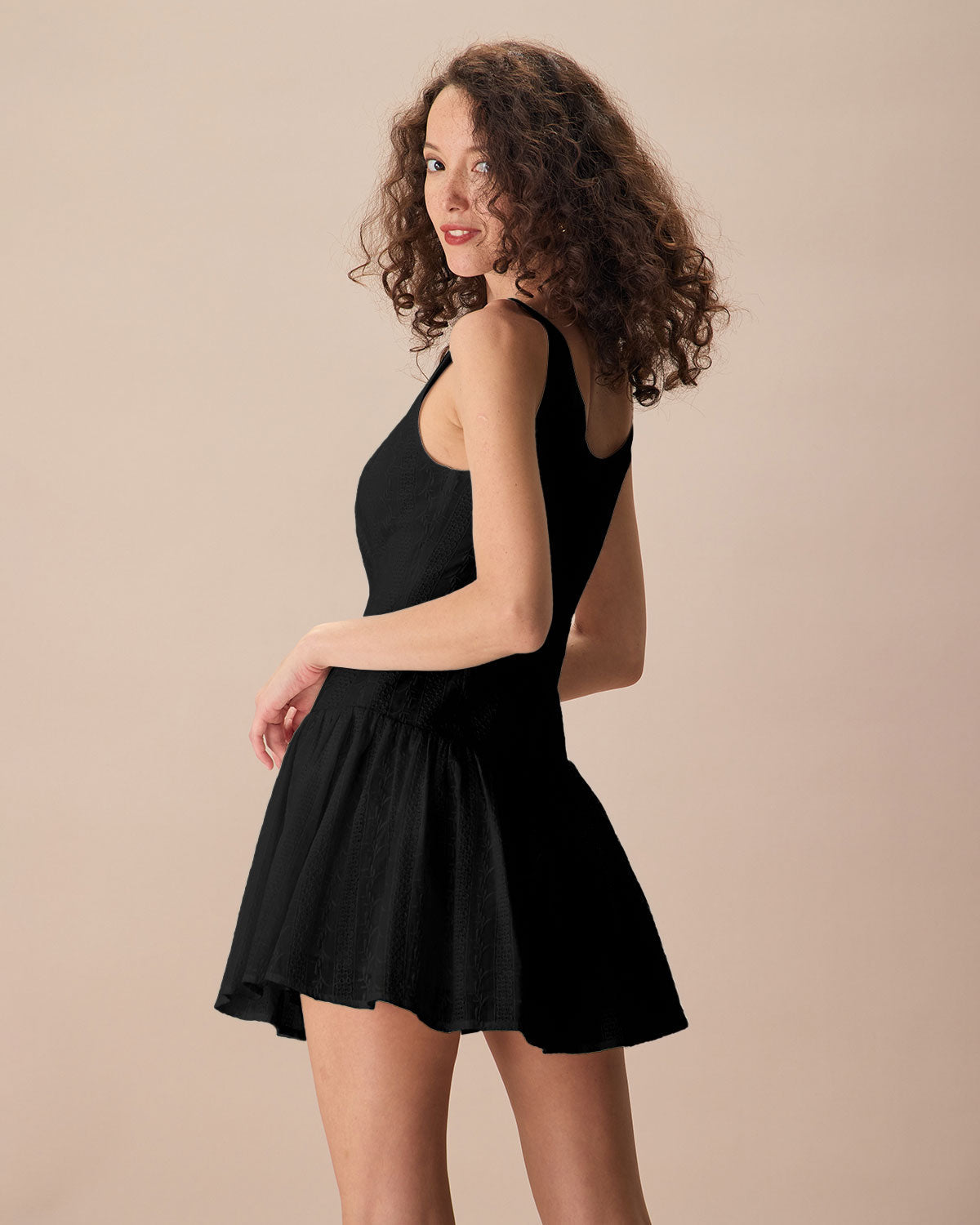 Women's Black Boat Neck Jacquard Cotton Mini Dress - Threadford