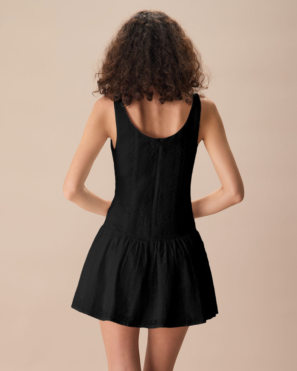 Women's Black Boat Neck Jacquard Cotton Mini Dress - Threadford