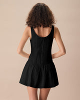 Women's Black Boat Neck Jacquard Cotton Mini Dress - Threadford