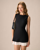 Women's Black Splicing Pleated Mini Dress - Threadford
