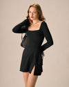 Women's Black Square Neck Long Sleeve Mini Dress - Threadford
