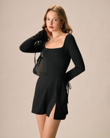 Women's Black Square Neck Long Sleeve Mini Dress - Threadford