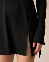 Women's Black Square Neck Long Sleeve Mini Dress - Threadford