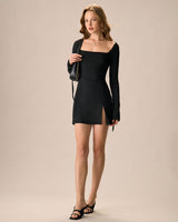 Women's Black Square Neck Long Sleeve Mini Dress - Threadford