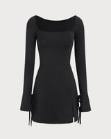 Women's Black Square Neck Long Sleeve Mini Dress - Threadford