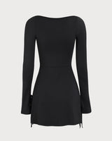 Women's Black Square Neck Long Sleeve Mini Dress - Threadford