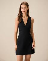 Women's Black V-Neck Sleeveless Mini Dress - Threadford