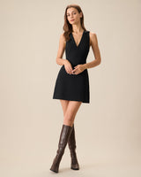 Women's Black V-Neck Sleeveless Mini Dress - Threadford
