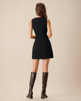 Women's Black V-Neck Sleeveless Mini Dress - Threadford