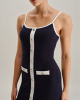 Blue Backless Sleeveless Pocket Knitted Mini Dress - Threadford