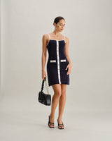 Blue Backless Sleeveless Pocket Knitted Mini Dress - Threadford