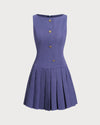 Blue Boat Neck Button Sleeveless Mini Dress - Threadford