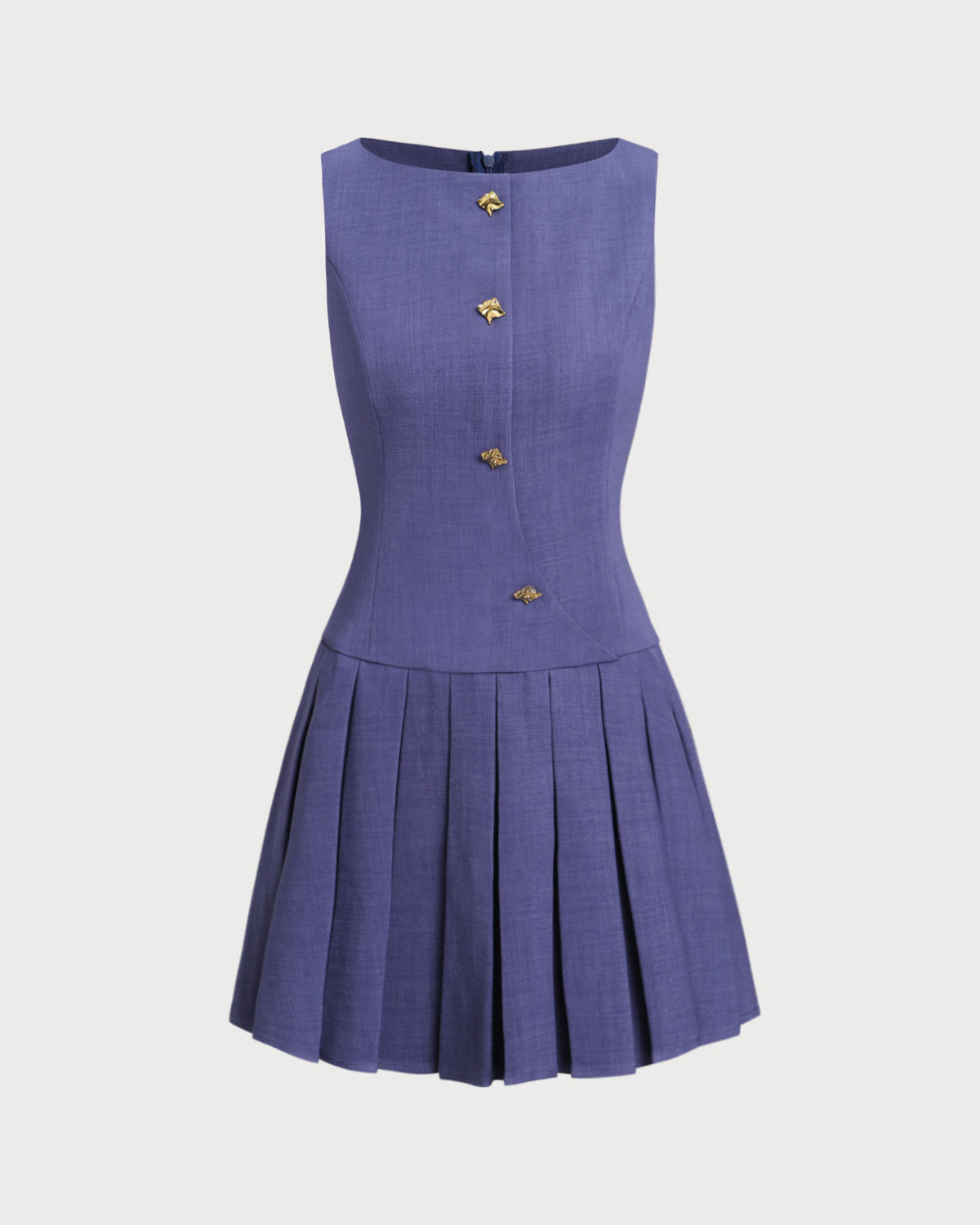 Blue Boat Neck Button Sleeveless Mini Dress - Threadford