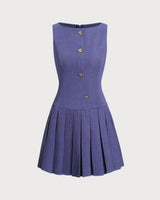 Blue Boat Neck Button Sleeveless Mini Dress - Threadford