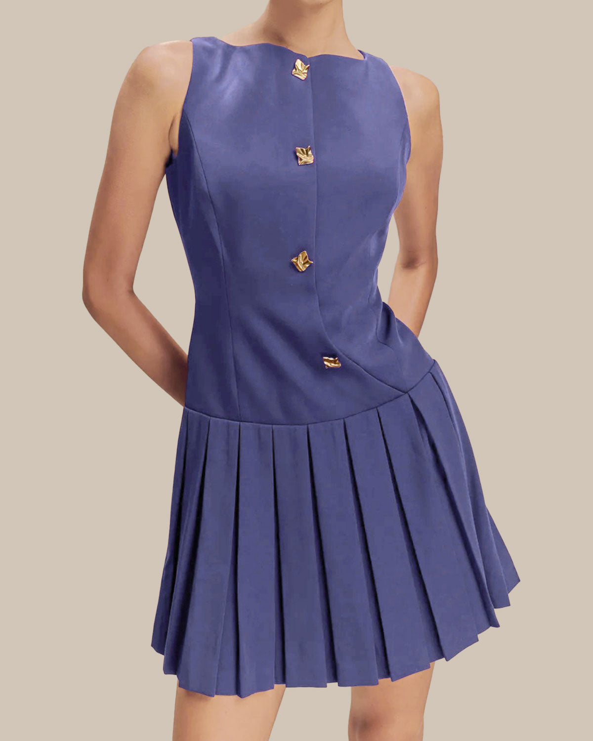 Blue Boat Neck Button Sleeveless Mini Dress - Threadford