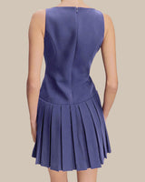 Blue Boat Neck Button Sleeveless Mini Dress - Threadford