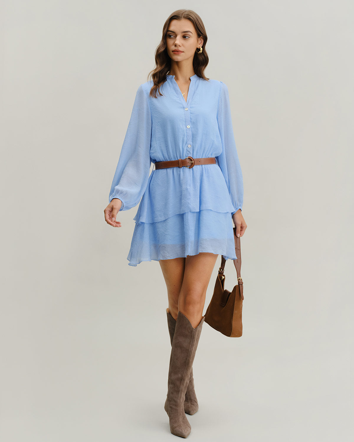 Blue V-Neck Tiered Mini Dress - Threadford