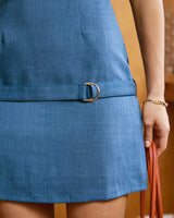 Blue Boat Neck Belted Mini Dress - Threadford