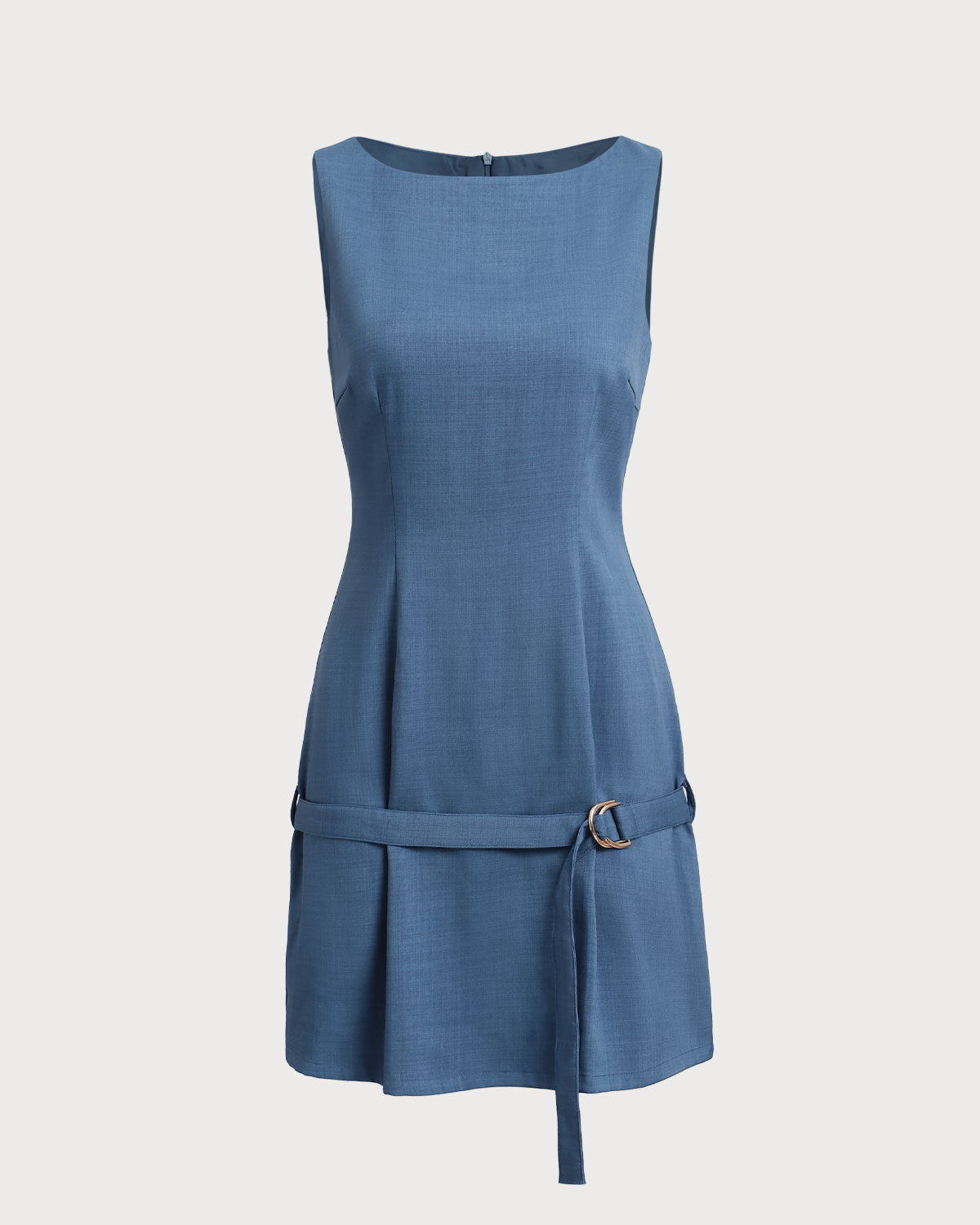 Blue Boat Neck Belted Mini Dress - Threadford