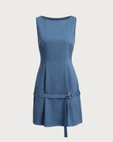 Blue Boat Neck Belted Mini Dress - Threadford