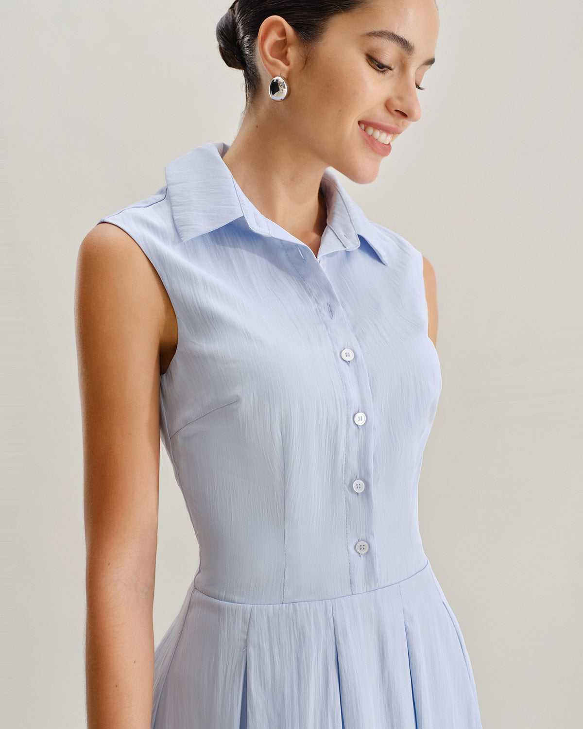 Blue Button A-Line Sleeveless Mini Dress - Threadford