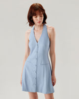 Blue Button Pocket Halter Mini Dress - Threadford