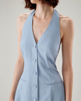 Blue Button Pocket Halter Mini Dress - Threadford
