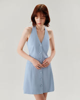 Blue Button Pocket Halter Mini Dress - Threadford