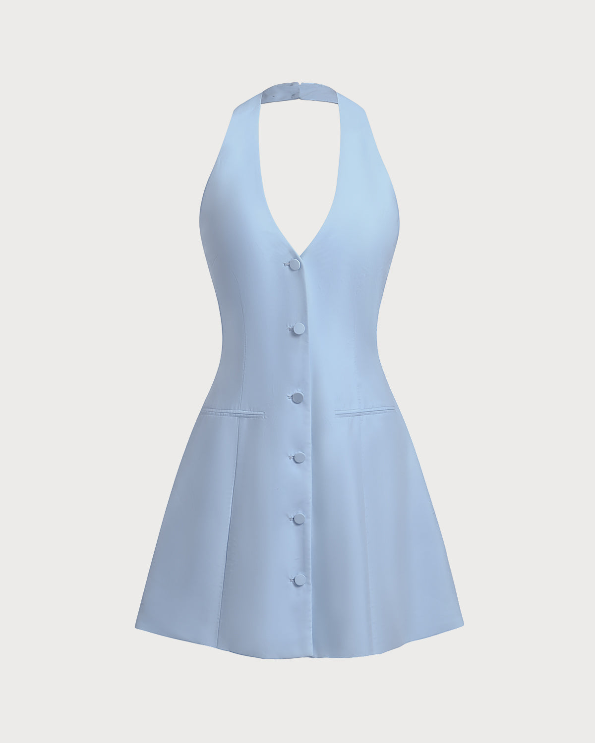Blue Button Pocket Halter Mini Dress - Threadford