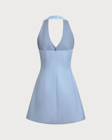 Blue Button Pocket Halter Mini Dress - Threadford