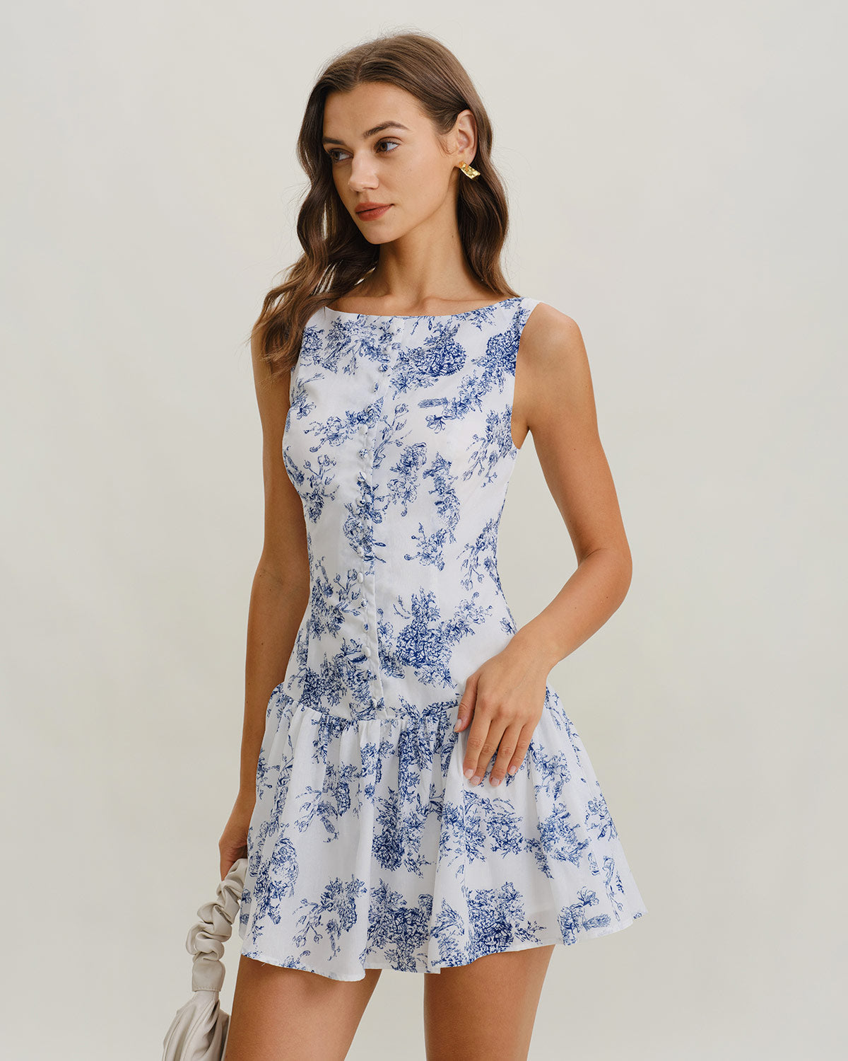Blue Floral Boat Neck Sleeveless Mini Dress - Threadford