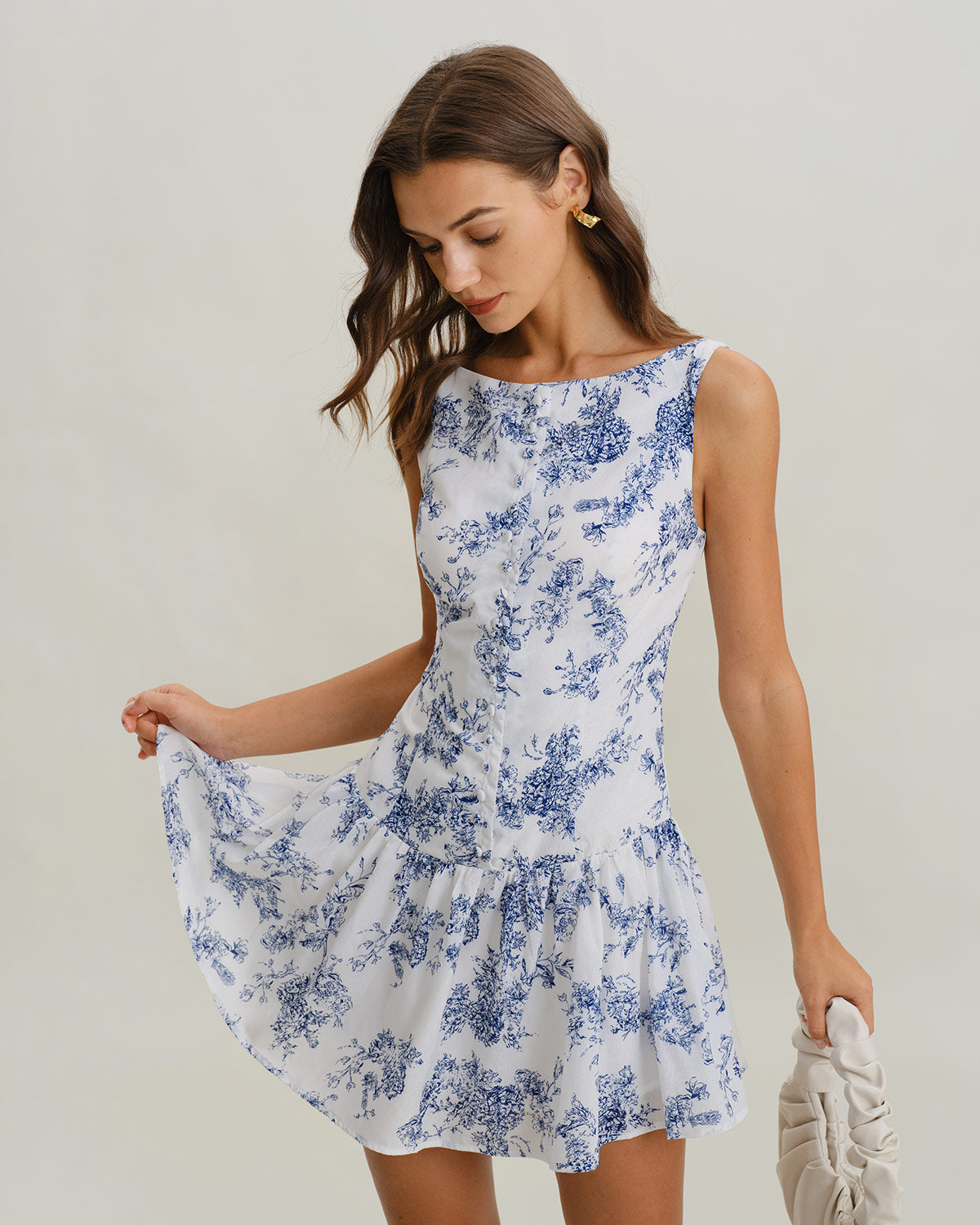 Blue Floral Boat Neck Sleeveless Mini Dress - Threadford