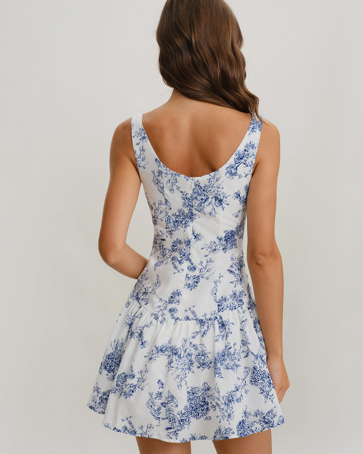 Blue Floral Boat Neck Sleeveless Mini Dress - Threadford